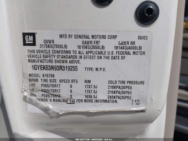 2003 CADILLAC ESCALADE 1GYEK63N93R319255 Photo 8