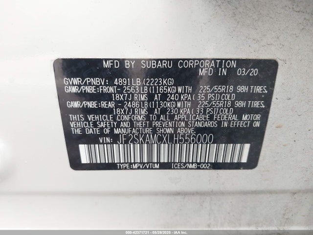 JF2SKAMCXLH556000 Subaru naturally aspirated u5