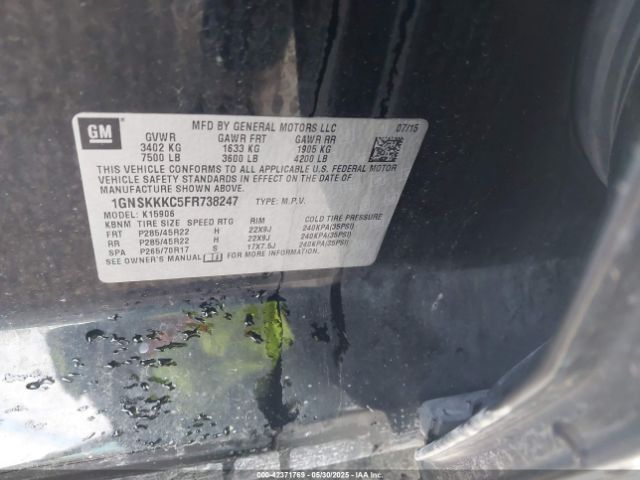 1GNSKKKC5FR738247 Chevrolet l83 - vvt, active fuel management, aluminum