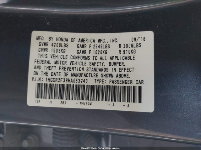 1HGCR2F39HA053240 Honda k24w1