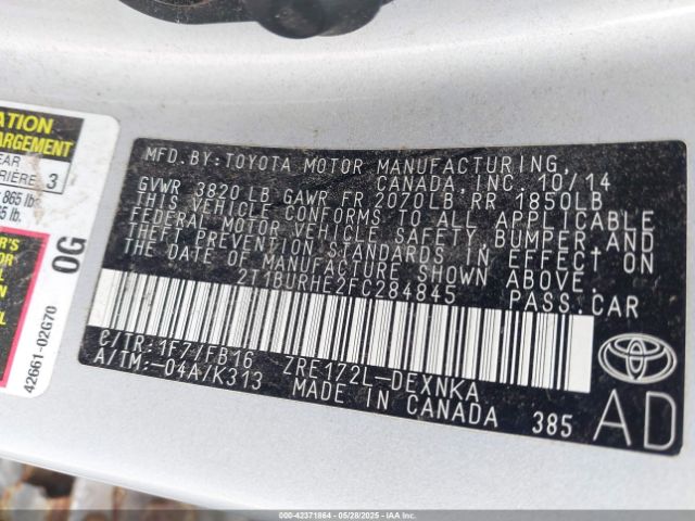 2T1BURHE2FC284845 Toyota COROLLA LE