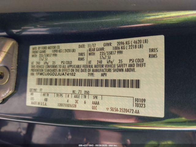 1FMCU0GD2JUA74102 Ford ESCAPE SE