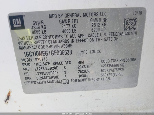 1GC1KWEG1GF306638 Chevrolet Silverado 2500hd Ltz