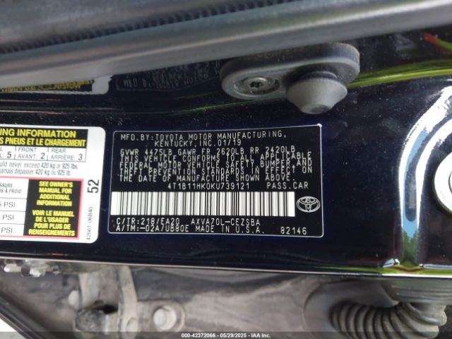 4T1B11HK0KU739121 Toyota CAMRY SE