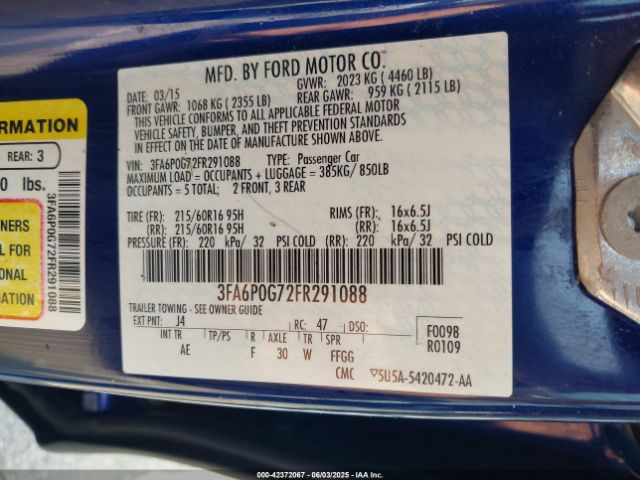 3FA6P0G72FR291088 Ford FUSION S