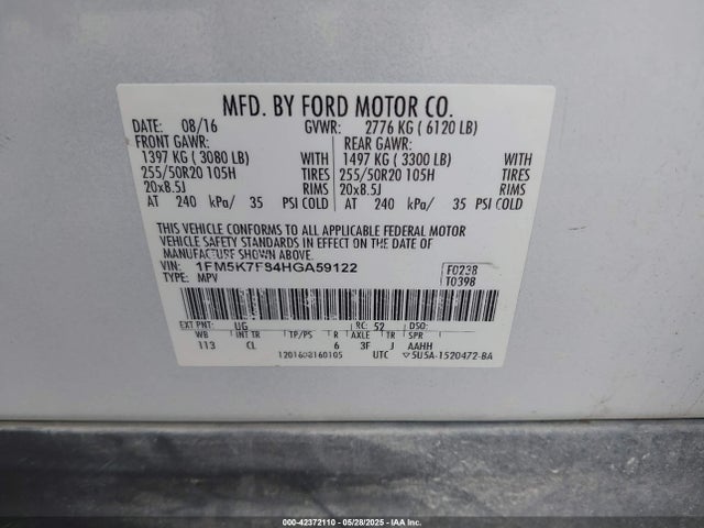 1FM5K7F84HGA59122 Ford 3.5l ti-vct