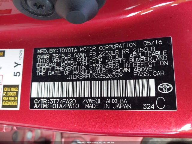 Toyota 2zr-fxe,1nm 2016 JTDKBRFU3G3526309 Image 9