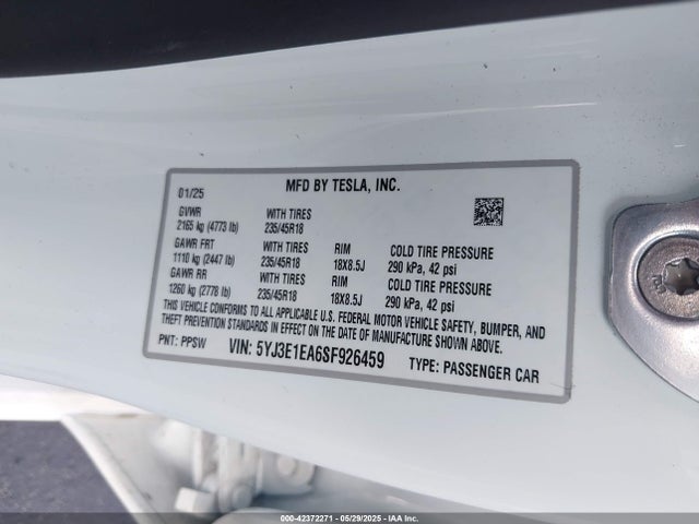 Aukcja sprzedaży 2025 Tesla Model 3 Long Range Rear-wheel Drive, vin: 5YJ3E1EA6SF926459, numer aukcji: 42372271