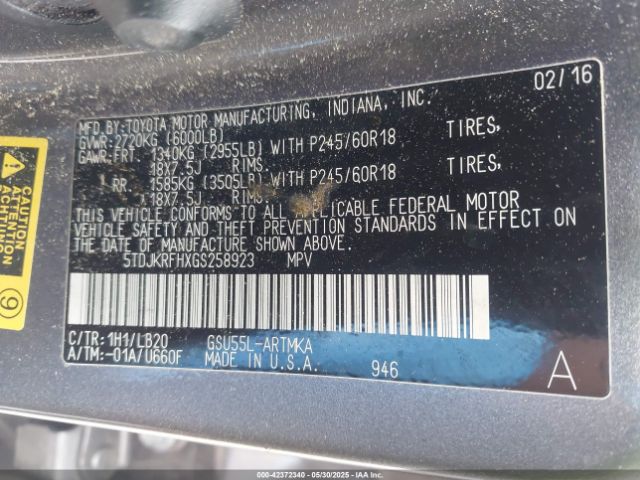 5TDJKRFHXGS258923 Toyota Highlander Xle V6