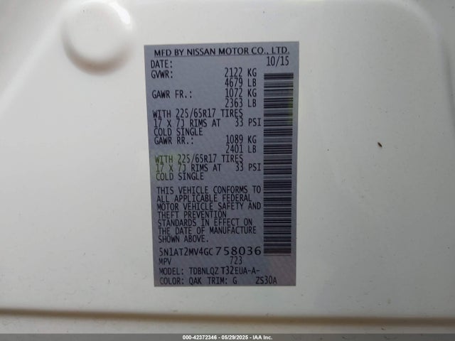 Продажа на аукционе авто 2016 Nissan Rogue Sv, vin: 5N1AT2MV4GC758036, номер лота: 42372346