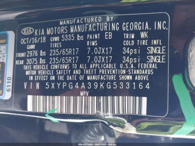5XYPG4A39KG533164 KIA Sorento 2.4l L