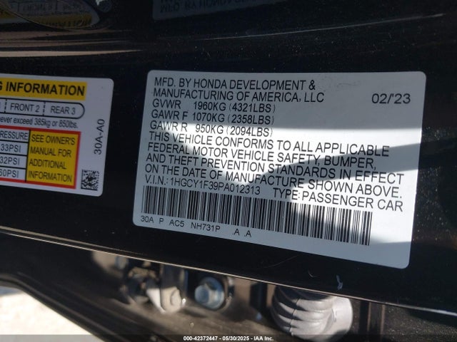 1HGCY1F39PA012313 Honda l15be