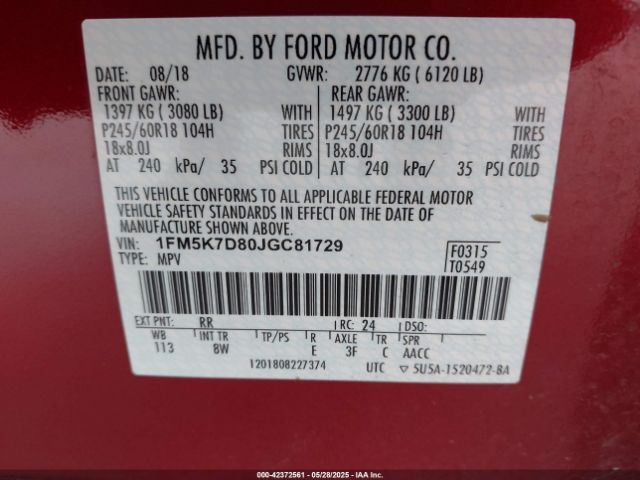 1FM5K7D80JGC81729 Ford EXPLORER XLT