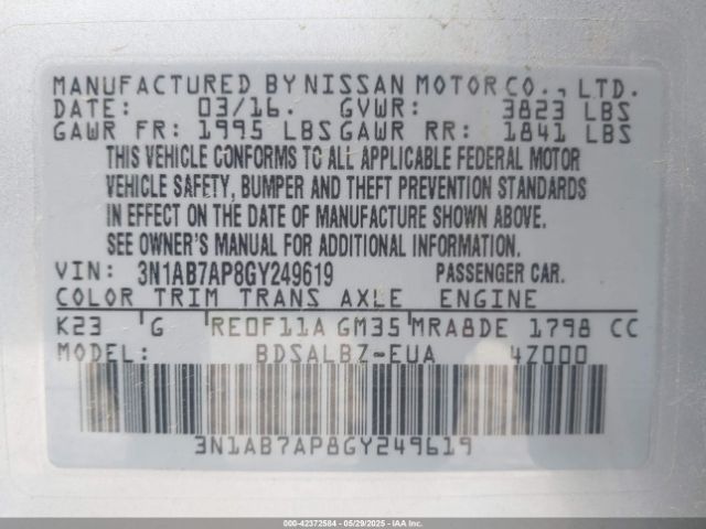 3N1AB7AP8GY249619 Nissan Sentra