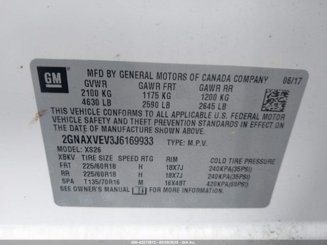 2GNAXVEV3J6169933 Chevrolet Equinox Premier