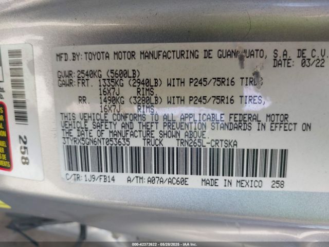 3TYRX5GN6NT053635 Toyota Tacoma Sr