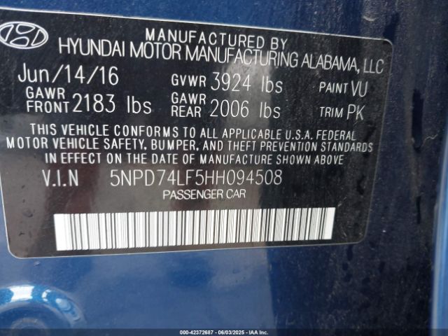 5NPD74LF5HH094508 Hyundai ELANTRA SE
