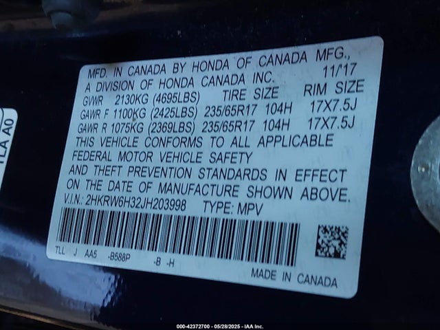2HKRW6H32JH203998 Honda k24w9/k24v9