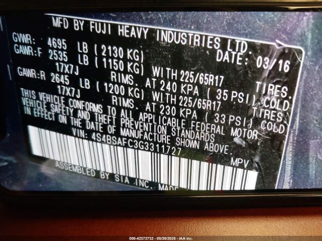 4S4BSAFC3G3311727 Subaru Outback 2.5i Premium