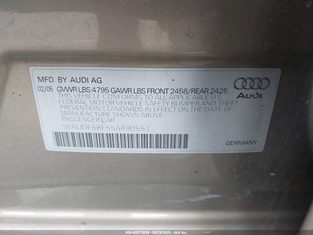 42372829 :رقم المزاد ، WAUDF68E55A490551 vin ، 2005 Audi A4 2.0t مزاد بيع