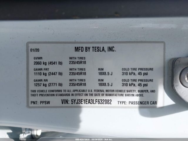 2020 TESLA MODEL 3 5YJ3E1EA3LF632082 Photo 8