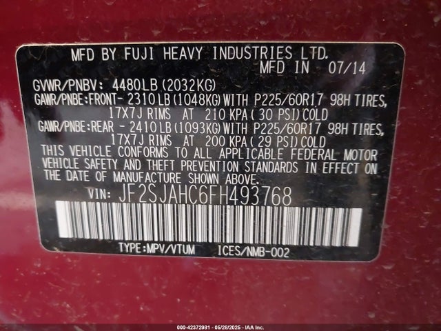 Subaru 2.5na u5 2015 JF2SJAHC6FH493768 Image 9