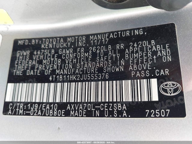 4T1B11HK2JU555376 Toyota CAMRY SE