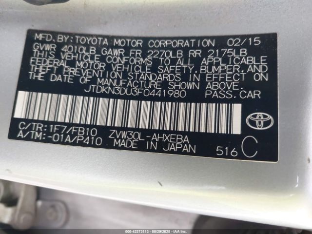 JTDKN3DU3F0441980 Toyota Prius Three