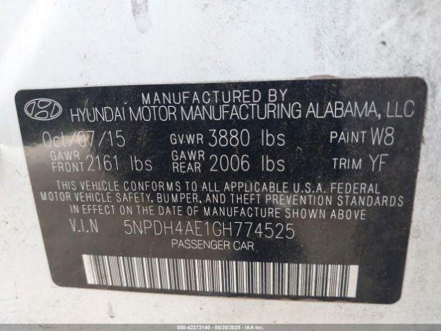 5NPDH4AE1GH774525 Hyundai dohc mpi nu