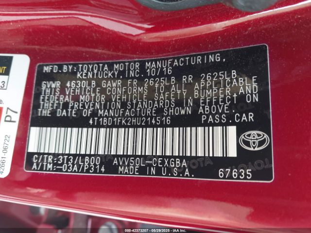 4T1BD1FK2HU214516 Toyota Camry Hybrid Xle