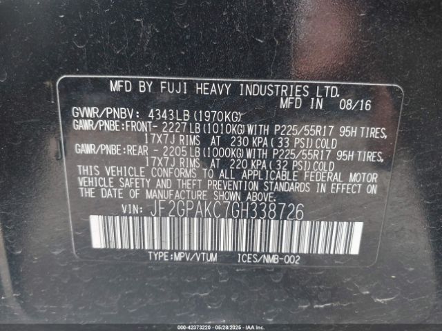 JF2GPAKC7GH338726 Subaru Crosstrek 2.0i Limited