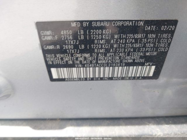 2020 SUBARU OUTBACK 4S4BTACC3L3193819 Photo 8
