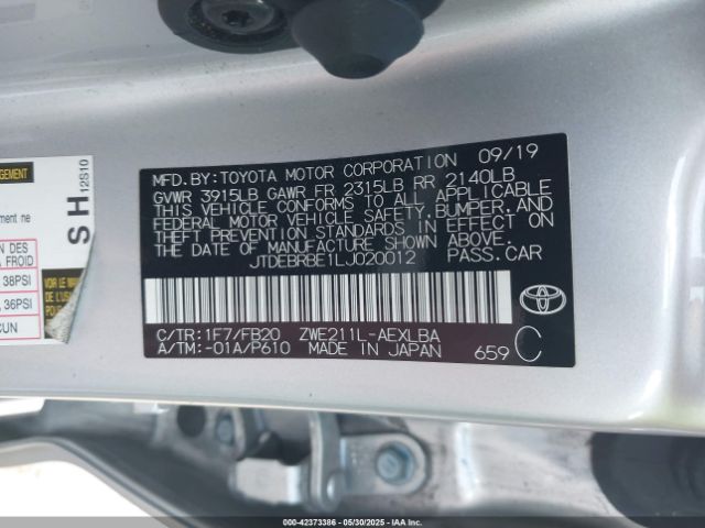 JTDEBRBE1LJ020012 Toyota Corolla Hybrid Le
