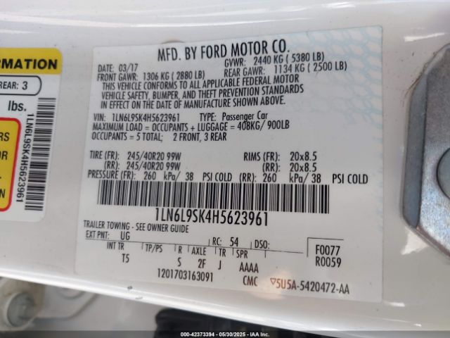 1LN6L9SK4H5623961 Lincoln 3.7l tivct