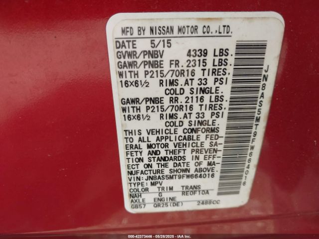 JN8AS5MT9FW664016 Nissan Rogue Select S