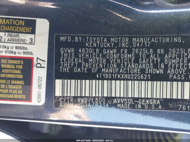 4T1BD1FKXHU225621 Toyota 2ar-fxe+2jm