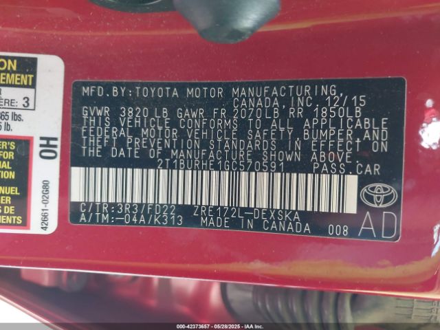 2T1BURHE1GC570591 Toyota 2zr-fe