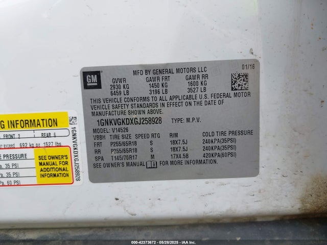 1GNKVGKDXGJ258928 Chevrolet llt - sidi, alum, 60 degrees