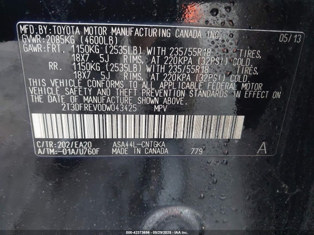 2013 Toyota Rav4 Limited მანქანა იყიდება აუქციონზე, vin: 2T3DFREV0DW043425, აუქციონის ნომერი: 42373696