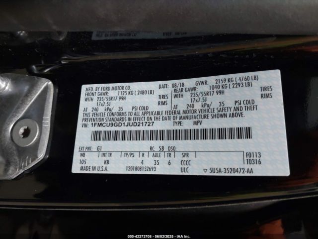 1FMCU9GD1JUD21727 Ford 1.5l gtdi sigma w/premium fuel