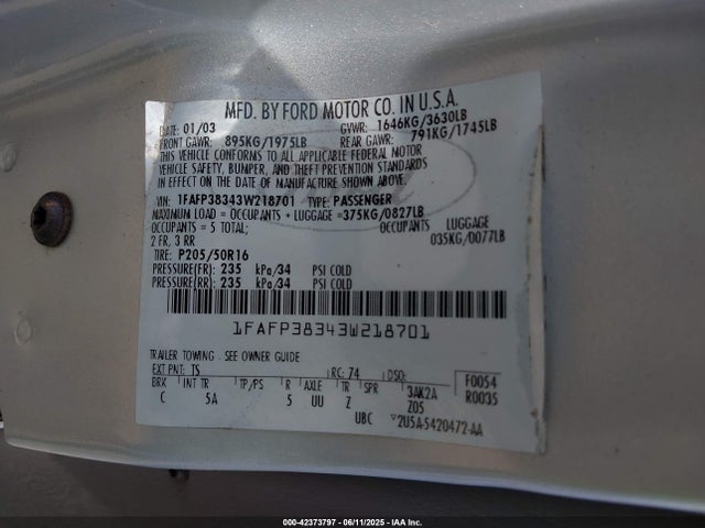 2003 Ford Focus Zts მანქანა იყიდება აუქციონზე, vin: 1FAFP38343W218701, აუქციონის ნომერი: 42373797