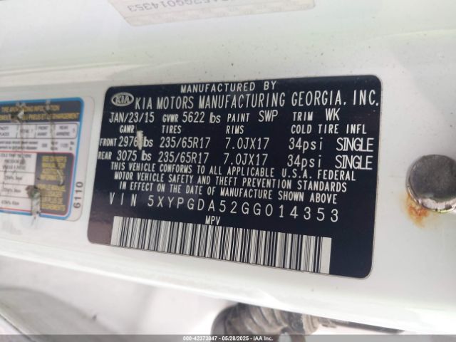 5XYPGDA52GG014353 KIA Sorento 3.3l Lx