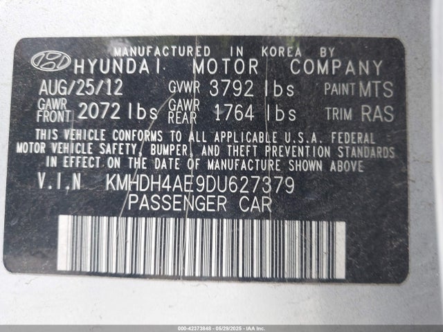 Aukcja sprzedaży 2013 Hyundai Elantra Limited, vin: KMHDH4AE9DU627379, numer aukcji: 42373848
