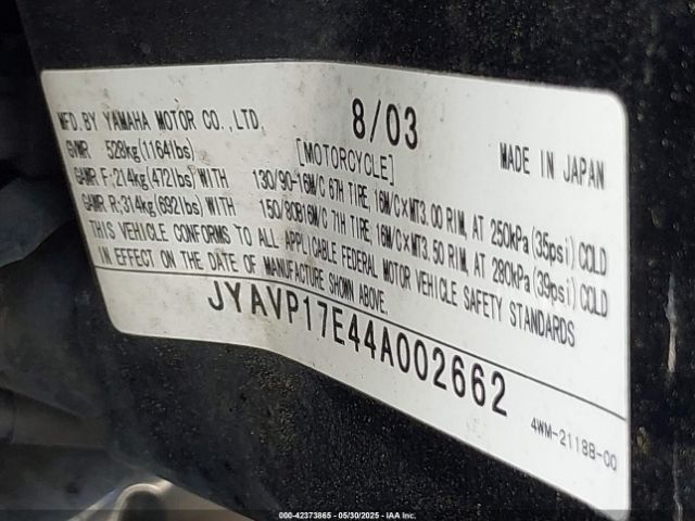 2004 YAMAHA XV1700 JYAVP17E44A002662 Photo 9