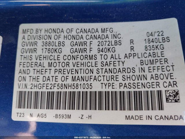 2022 Honda Civic Sport მანქანა იყიდება აუქციონზე, vin: 2HGFE2F58NH581035, აუქციონის ნომერი: 42373873