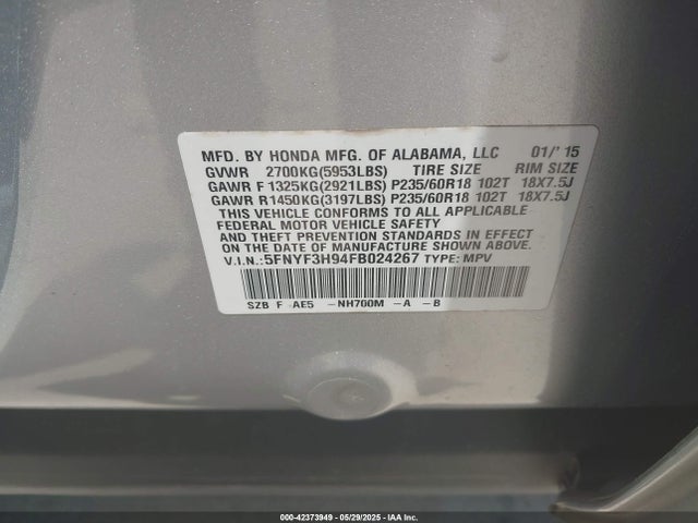 Honda j35z4 2015 5FNYF3H94FB024267 Image 9