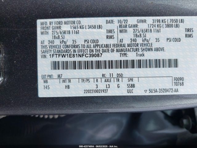 1FTFW1E81NFC39087 Ford F-150 Lariat