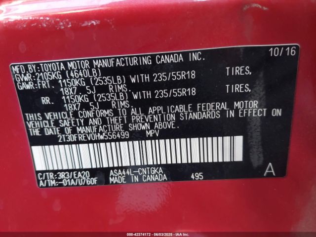 2T3DFREV0HW556499 Toyota 2ar-fe