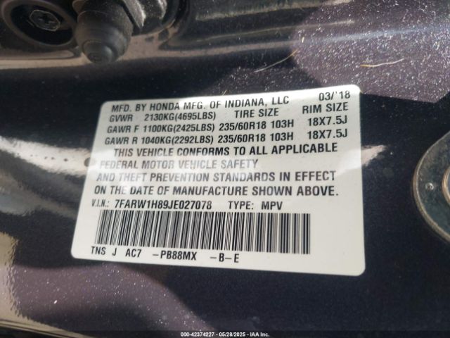 7FARW1H89JE027078 Honda Cr-v Ex-l/ex-l Navi