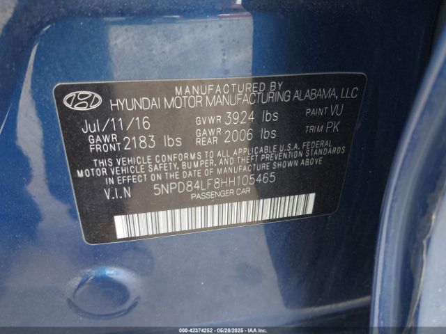 5NPD84LF8HH105465 Hyundai ELANTRA SE